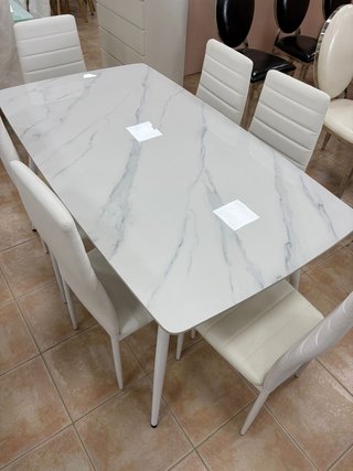 MESA DE COMEDOR BLANCA EFECTO MARMOL + 6 SILLAS