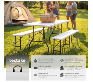Mesa de 180cm plegable + 2 Bancos plegables