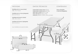 Mesa de 180cm plegable + 2 Bancos plegables