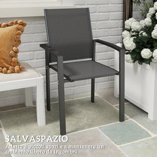 Juego de 2 sillas de jardín apilables con reposabrazos, sillas de comedor para exteriores en aluminio y textilene impermeable, para patio, balcón, terraza, exteriores e interiores, 56x58x89cm, gri...