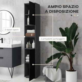 Columna de Baño en Aglomerado con 2 Estantes Abiertos y 2 Armarios de 2 Niveles Regulables, 30x30x183 cm, Gris Claro y Gris Oscuro