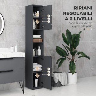Columna de Baño en Aglomerado con 2 Estantes Abiertos y 2 Armarios de 2 Niveles Regulables, 30x30x183 cm, Gris Claro y Gris Oscuro