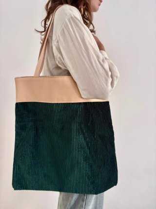Borsa pelle e tessuto beige/verde fatta a mano
