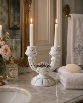 Candelabro Cerámica tipo Capodimonte Dorado Blanco