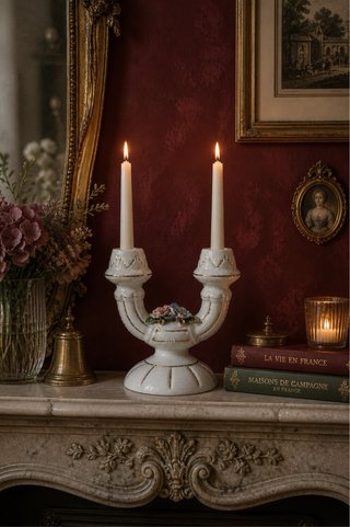 Candelabro Cerámica tipo Capodimonte Dorado Blanco