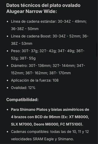 Plato Alugear MTB Oval 34T 96 Shimano nuevo