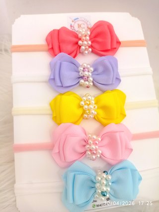 Conjunto 5 Tiaras Bebé Fitas Perolas