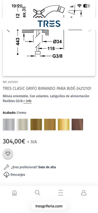 Grifo TRES bide o lavabo plateado
