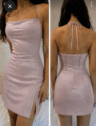 Vestido de fiesta brillante, shimmer plata y rosa