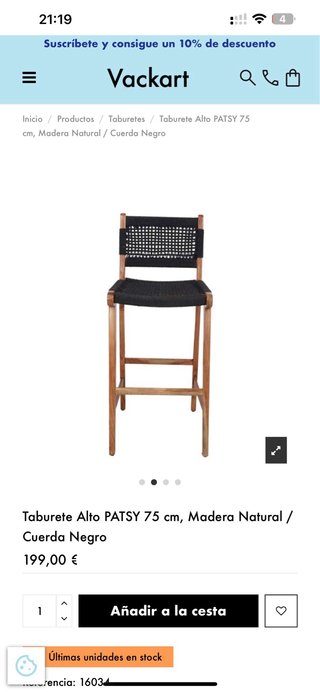 Taburete PATSY 75cm Madera y Cuerda