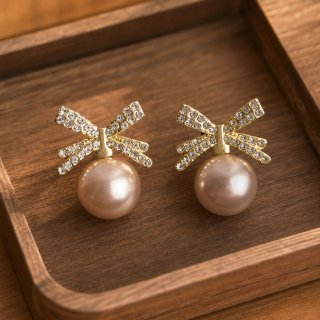 Pendientes lazo perla beige y oro
