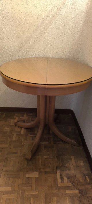 Mesa redonda extensible madera y cristal