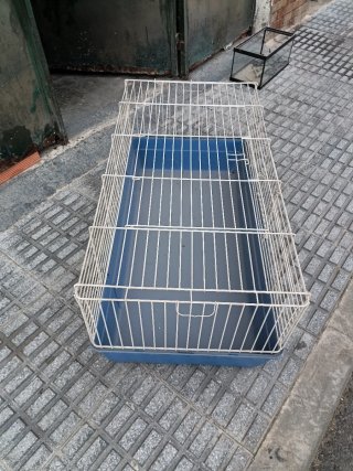 Jaula para conejos azul y blanca