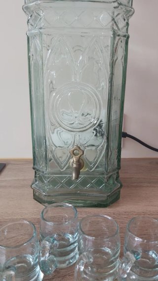 Botella dispensador cristal años 70 con 4 vasos