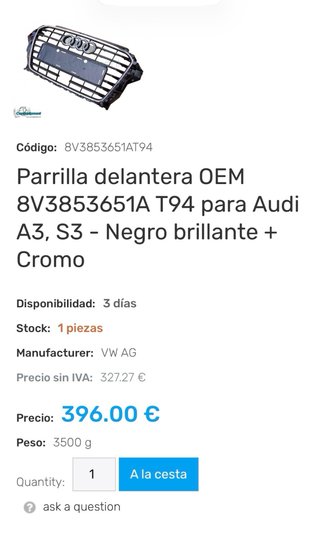 Parrilla Audi A3 Negro Original NUEVA A ESTRENAR