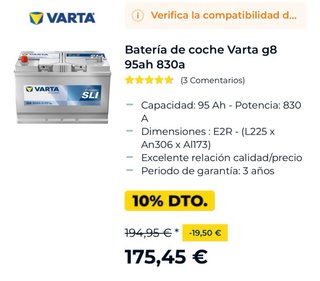 Batería Varta G8 95Ah 830A SLI, nunca usada, NUEVA
