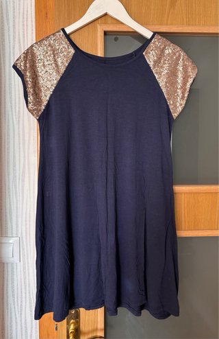 T-L Blusa larga azul con mangas doradas