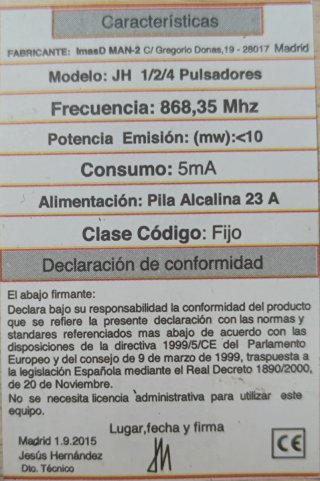 Mando Garaje JH2 868 MH