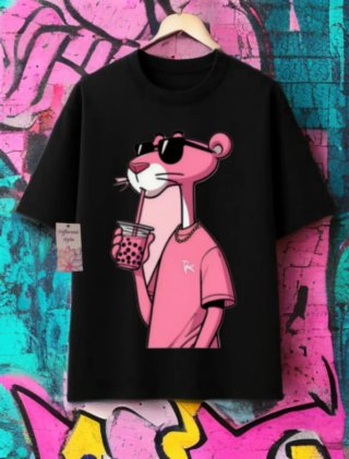 Camiseta Negra Pink Panther Bebida