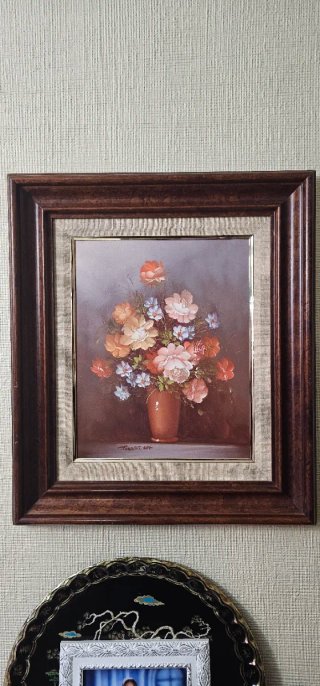 Coppia di quadri floreali ad olio, vintage
