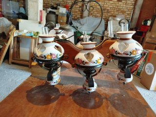 Lámpara forja y madera 5 tulipas