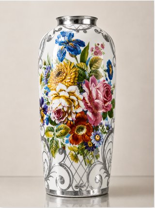 Jarrón Cerámica Flores y Plata
