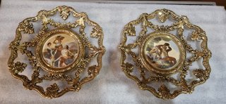 4 Platos Bronce y Porcelana Decorativos
