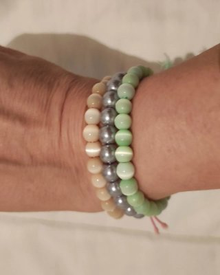 Lote 3 Pulseras Perlas rosa, verde y gris-lila