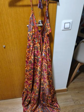 Vestido largo estampado naranja y morado