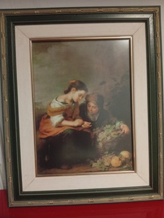 Cuadro antiguo niños con cesta vendedora de fruta