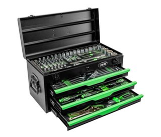 Caja de herramientas JBM negra con cajones verdes.