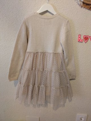 Vestido beige con flores, invierno, talla 7