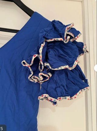 Traje Flamenca Azul Añil Volantes Flores