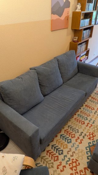 Sofá 3 plazas tela azul con módulo chaise longue