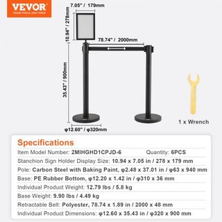 Barras de Control de Multitudes, Paquete de 6 Barreras de Control de Multitudes, Poste de Queue de Acero al Carbono Pintado al Horno con Soporte para Carteles y 3PCS Cinta Retráctil de 6.5FT, Divi...