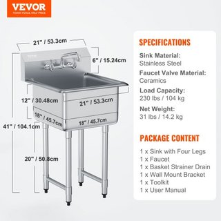 Lavandoio in Acciaio Inox per Preparazione e Utilità, Lavellino da 1 Vano con Rubinetto e Piedi, 533,4 x 1041 mm, Lavelli Commerciali a Un Bacino per Garage, Resistente...