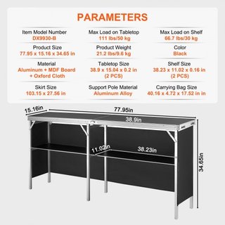 Mesa Podio Portátil para Feria, 1980 x 385 x 880 mm, Mostrador de Exhibición para Stand de Feria con Pared, Mesa de Bar de Promoción Plegable con Estante de Almacenamiento y Bolsa de Transporte