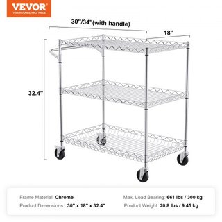 Carrello da Cucina Utilitario, 3 Livelli, Carrello Mobile in Filo con Capacità 661 LBS, Carrello di Servizio in Acciaio con Ruote, Carrello di Stoccaggio in Metallo con Cesto Profondo 80 mm, Ma...