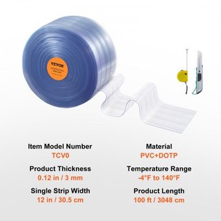 Cortina de tiras, 100' de longitud x 12" de ancho x 0.12" de grosor, cortina de tiras de PVC ribeteado claro, rollo a granel de puerta de tiras de plástico para el umbral de supermercado, garaje, ...