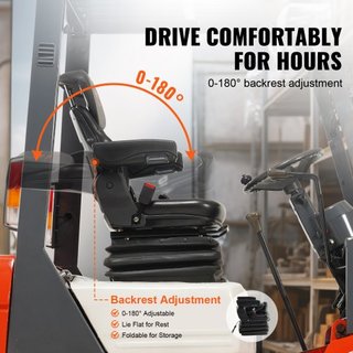 Asiento de Tractor Universal con Suspensión, Asiento de Carretilla Elevadora Plegable con Respaldo Ajustable, Microinterruptor, Cinturón de Seguridad y Descansabrazos, Asiento de Tractor con Absor...
