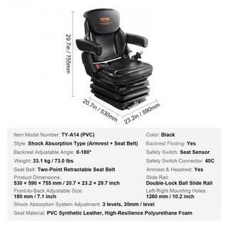 Asiento de Tractor Universal con Suspensión, Asiento de Carretilla Elevadora Plegable con Respaldo Ajustable, Microinterruptor, Cinturón de Seguridad y Descansabrazos, Asiento de Tractor con Absor...