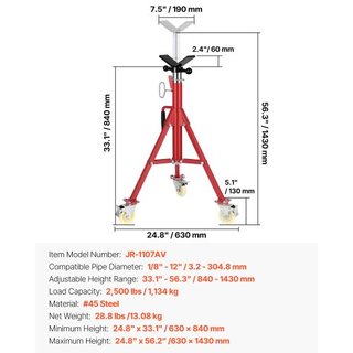 Soporte de Tubo, Soporte de Gato para Tubo, Soporte de Tubo con Cabeza en V Altura Ajustable 71.12-132.08 cm, Soportes de Gato para Tubo con Ruedas, Soportes de Tubo Portátiles Plegables 0.3175 a ...