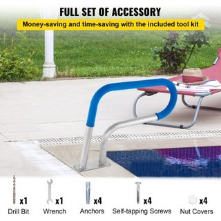 Barandilla de piscina 30x22" Barandilla de piscina de acero inoxidable 304 Capacidad de carga de 250LBS Barandilla de piscina a prueba de óxido con cubierta de agarre azul y broca M8 y tornillos a...