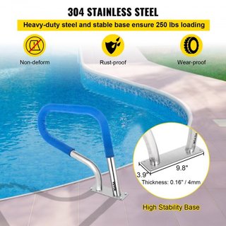 Barandilla de piscina 32x23" Barandilla de piscina de acero inoxidable 304 Capacidad de carga de 250LBS Barandilla de piscina a prueba de óxido con cubierta de agarre azul y broca M8 y tornillos a...