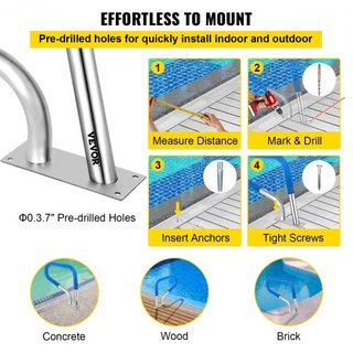 Barandilla de piscina 32x23" Barandilla de piscina de acero inoxidable 304 Capacidad de carga de 250LBS Barandilla de piscina a prueba de óxido con cubierta de agarre azul y broca M8 y tornillos a...