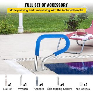 Barandilla de piscina 32x23" Barandilla de piscina de acero inoxidable 304 Capacidad de carga de 250LBS Barandilla de piscina a prueba de óxido con cubierta de agarre azul y broca M8 y tornillos a...