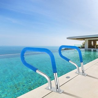 Barandilla de piscina 32x23" Barandilla de piscina de acero inoxidable 304 Capacidad de carga de 250LBS Barandilla de piscina a prueba de óxido con cubierta de agarre azul y broca M8 y tornillos a...