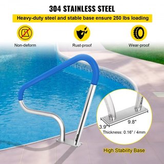 Barandilla de piscina 39x32" Barandilla de piscina de acero inoxidable 304 Capacidad de carga de 250LBS Barandilla de piscina a prueba de óxido Humanizada con cubierta de agarre azul y broca M8 y ...