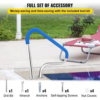 Barandilla de piscina 39x32" Barandilla de piscina de acero inoxidable 304 Capacidad de carga de 250LBS Barandilla de piscina a prueba de óxido Humanizada con cubierta de agarre azul y broca M8 y ...