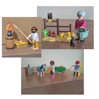 Playmobil panadero, abuela con gallinas y carro